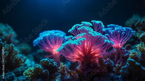 Fototapeta Naklejka Na Ścianę i Meble -  Magical Glowing Bioluminescent Coral in the Deep Sea