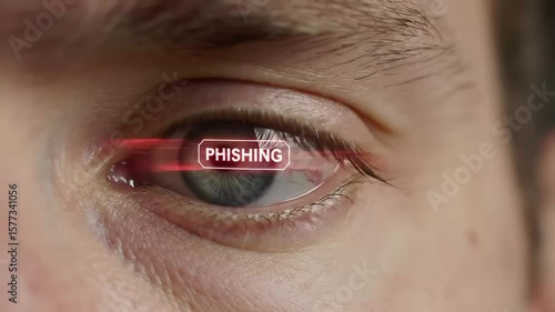 Close-up of a person's eye with the word 