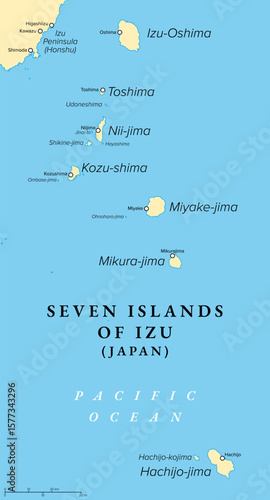 Seven Islands of Izu, Tokyo Prefecture, Japan, political map. The name comes from the fact that there were seven main inhabited islands in the Izu Islands during the Edo period. Illustration. Vector