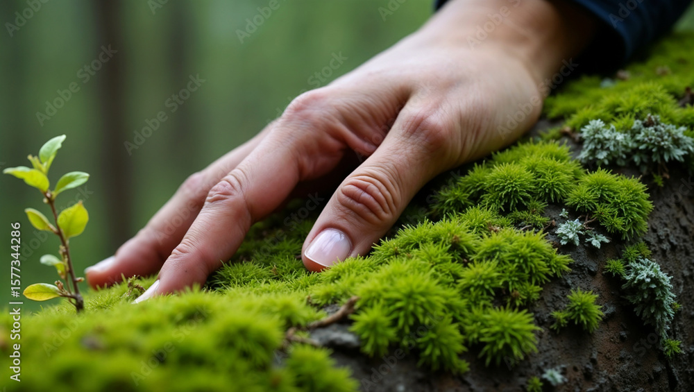 Fototapeta premium Hand gently touching a patch of vibrant green moss growing on a tree trunk. 