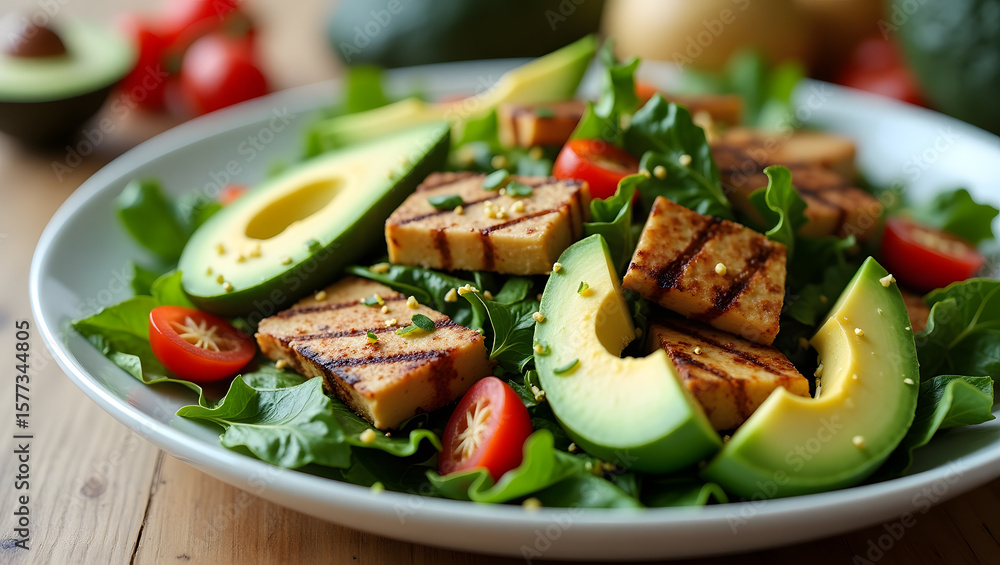 Close-Up of a Vegan Salad with Grilled Tofu and Avocado Close-Up of a Vegan Salad with Grilled Tofu and Avocado