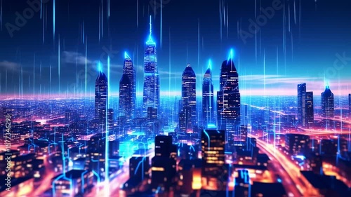 Wallpaper Mural Futuristic City Skyline with Towering Skyscrapers and Neon Light Trails in Cyberpunk Style Torontodigital.ca