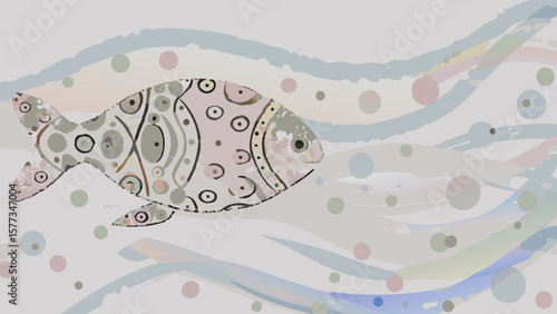 Stylized fish with decorative patterns swimming in a whimsical underwater scene with bubbles and waves