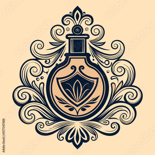 Elegant Perfume Bottle Illustration with Ornate Floral Swirls and Decorative Shield Design