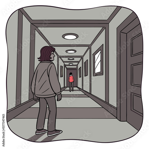 Illustration of a hooded figure walking through a gray tunnel with receding square frames and shadows