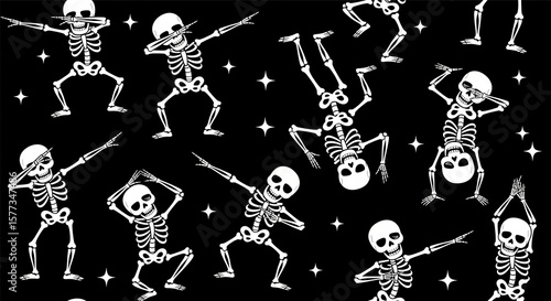 Black background white skeletons dance and dab among stars