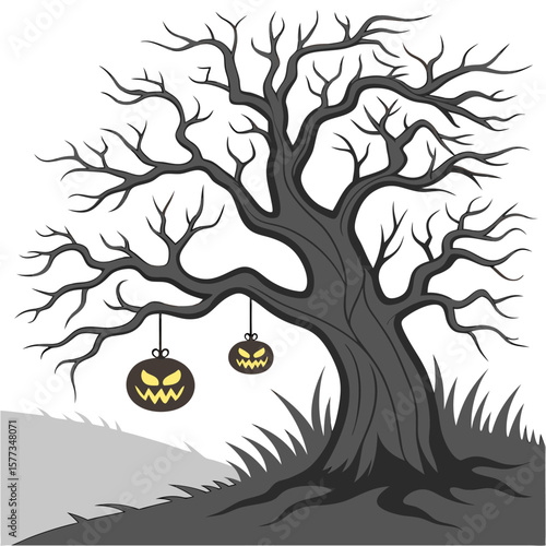 A halloween scene featuring a pumpkin bucket with bats flying in front of dark trees and grass areas