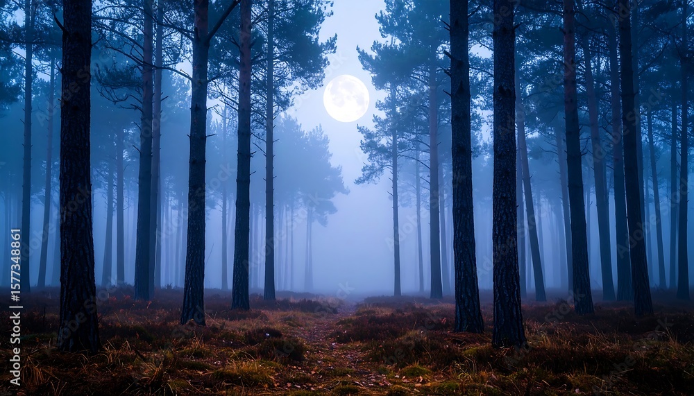 Naklejka premium Mystical Full Moon in a Foggy Forest at Night
