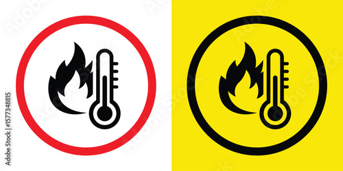 Two circular warning signs in red and yellow with thermometer and flame icons, symbolizing heat and fire hazard. Flat graphic design on white and yellow backgrounds. Simple and clear.