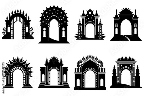 Illustration of eight decorative archways with varying designs in black silhouette on a white background