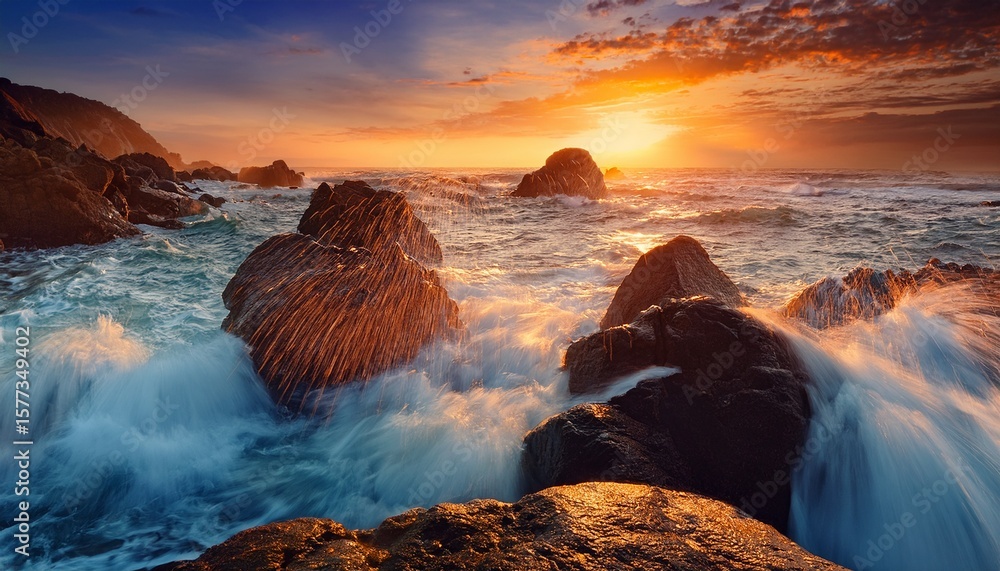 Obraz premium fantastic big rocks and ocean waves at sundown time dramatic