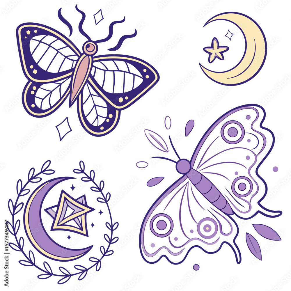 Obraz premium Illustration featuring two moths, a crescent moon with a star, and a crescent moon with a star wreath design