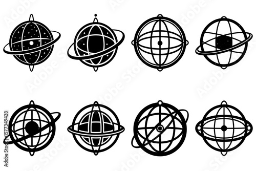 Collection of eight stylized armillary spheres in black and white with varying internal designs