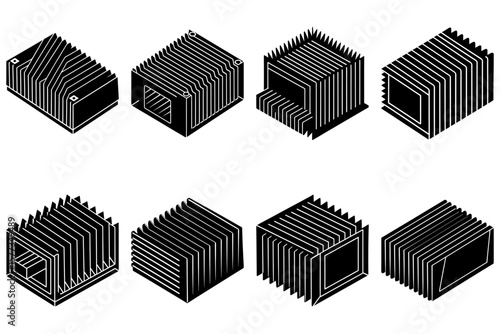 Isometric view of eight black corrugated boxes with different opening and closing styles on a white background