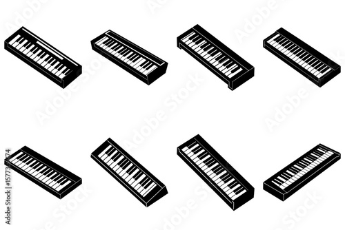 Isometric arrangement of eight black and white keyboard instruments on a white plain background