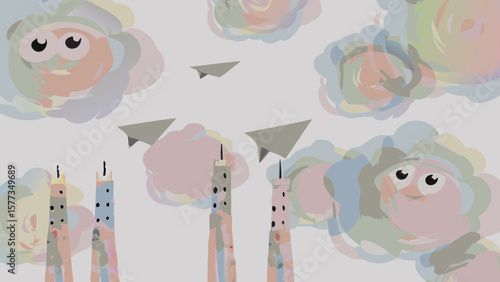 Illustration depicting paper airplanes flying above colorful buildings and cartoonish cloud faces in the sky