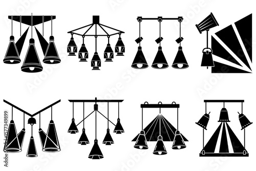 Illustration of eight different black and white hanging light fixtures and lamps on a white background