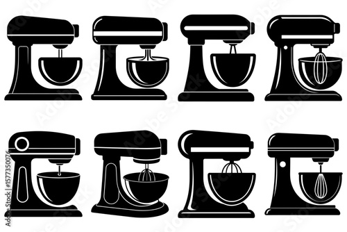 Illustration showing eight black stand mixers with different attachments and bowl shapes in a grid pattern