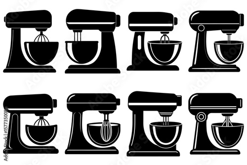 A set of eight black and white stand mixers with different attachments and bowl shapes in a row pattern