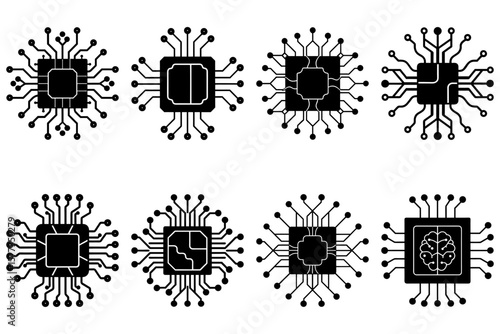 Collection of eight black and white cpu chip icons with various internal designs and circuit connections