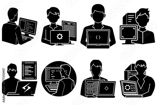Silhouette illustrations of developers working on computers with code and server icons design set