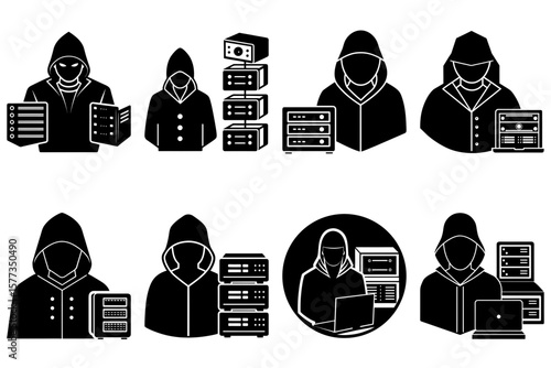 Collection of hackers in hoodies with servers and laptops in black and white vector illustration
