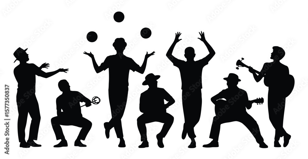 Fototapeta premium Black Silhouettes of Musicians and Jugglers Performing on White Background and Showcasing Diverse Musical Instruments and Juggling Balls