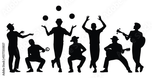 Black Silhouettes of Musicians and Jugglers Performing on White Background  and Showcasing Diverse Musical Instruments and Juggling Balls
