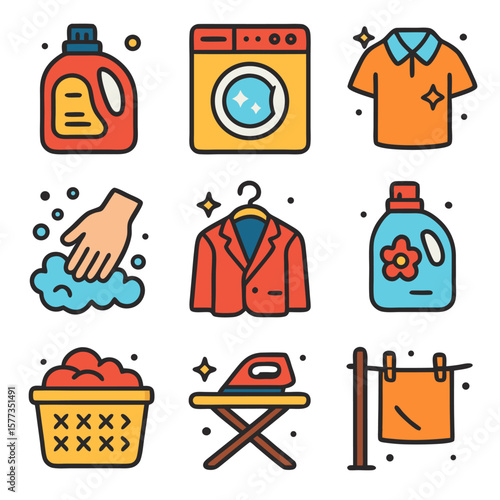 Colorful washing icon pack featuring detergent, washing machine, hand wash, clean clothes, ironing, laundry basket, and drying. Perfect for laundry services, cleaning, and household design.
