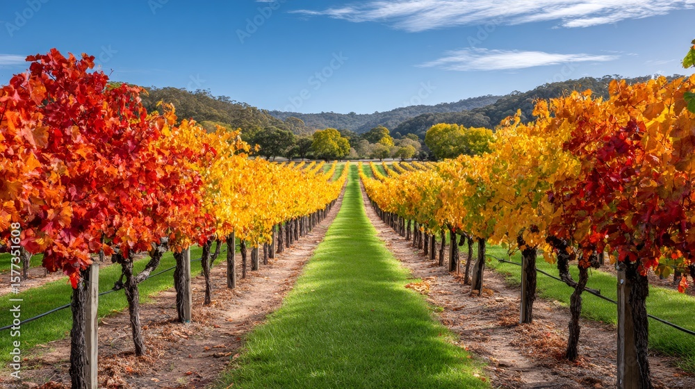 Obraz premium Colorful vineyards rows stretching into the distance in autumn