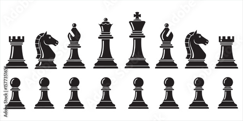 A complete set of 16 black chess pieces in vector style, including king, queen, two rooks, two bishops, two knights, and eight pawns. Arranged neatly in a single image. Minimalist and clean vector