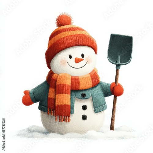 Cheerful snowman with a shovel brightens a winter landscape during daytime