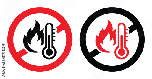 Two circular prohibition signs with thermometers and flames, symbolizing heat warnings. Flat design, red and black color variations on white background. Simple, clear safety concept.