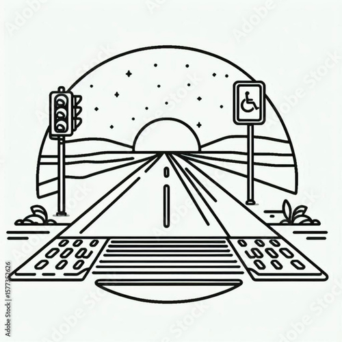curb ramp plate, Stylized road illustration with traffic lights and sunset background, minimalistic design