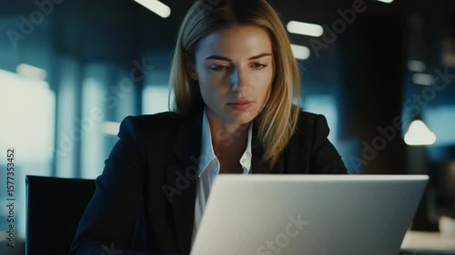 Professional woman working on laptop in modern office at night, focused on task at hand