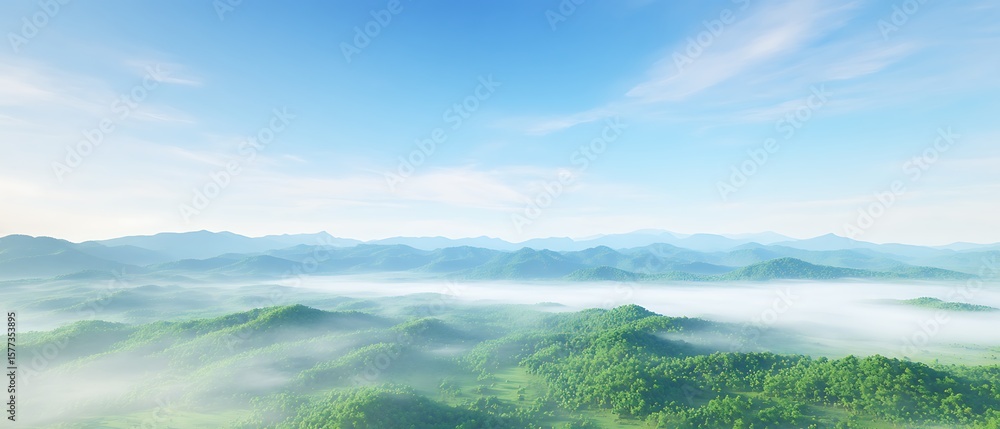 Fototapeta premium Green mountains embrace low lying mist