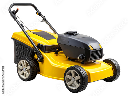  Compact Electric Yellow Lawn Mower Top View, Clean Equipment Mockup PNG