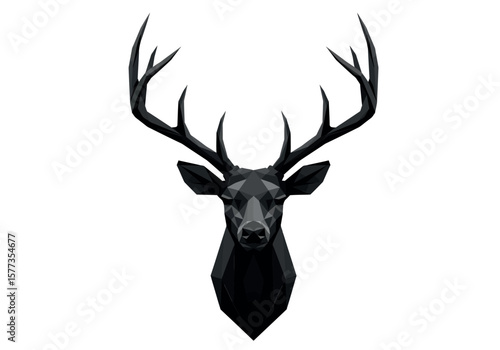 Geometric stag head illustration in black and white presents a contemporary design with polygon shapes, ideal for modern themes.