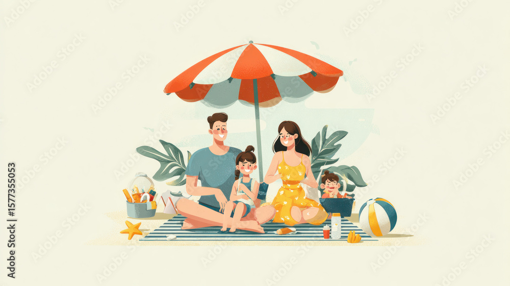 Fototapeta premium Family Sitting on a Beach Mat Under an Umbrella with Snacks
