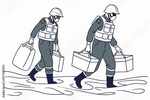 Industrial workers carrying equipment in hazmat suits isolated on Transparent Background