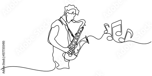 abstract Saxophonist continuous one line drawing, Continuous line art of Saxophonist. One line drawing abstract Saxophonist, Continuous one line drawing of Young male saxophonist. Single line drawing