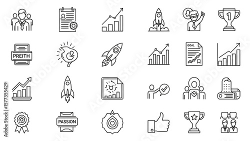 Motivation Line Icon Set – Personal Growth, Goal Setting, Achievement, Rocket, Teamwork, Passion Vector Illustration

