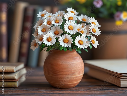 Wallpaper Mural White Daisy Flower Bouquet in Clay Vase on Wooden Table with Books in Background Torontodigital.ca