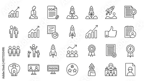 Motivation Line Icon Set – Personal Growth, Goal Setting, Achievement, Rocket, Teamwork, Passion Vector Illustration


