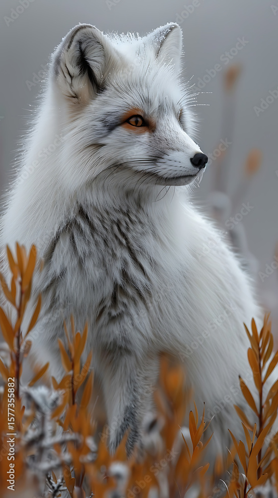 Fototapeta premium Arctic fox in tundra environment with autumn vegetation