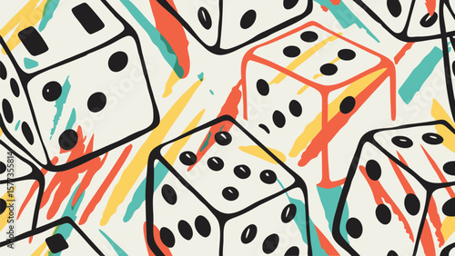 Seamless pattern of dice with colorful abstract brush strokes on a white background design element