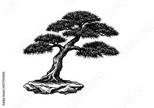 A striking bonsai tree illustration showcases intricate details and serene beauty against a clean white background.