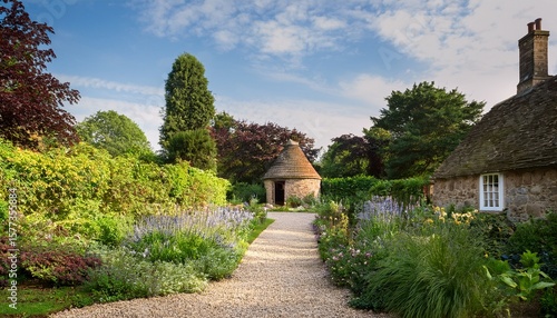 an informal gravel path through a large cottage garden with dovecote