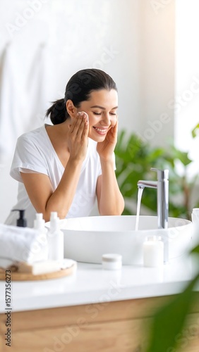 Woman washing face in bathroom sink