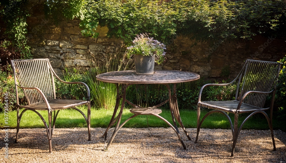 Fototapeta premium old metal garden table and chairs in a rustic garden